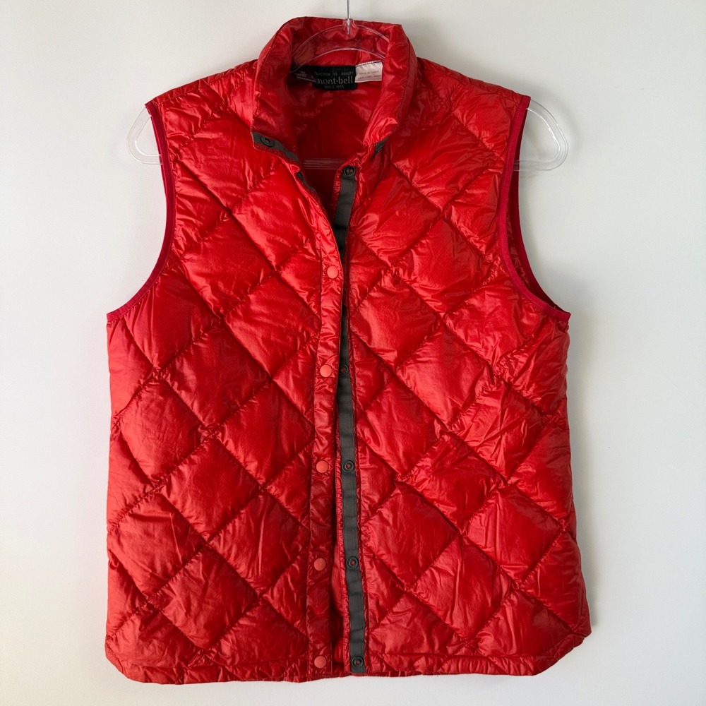 Montbell Puffer Vest Womens M Red Excellent Quilted Down Lightweight Snap Front